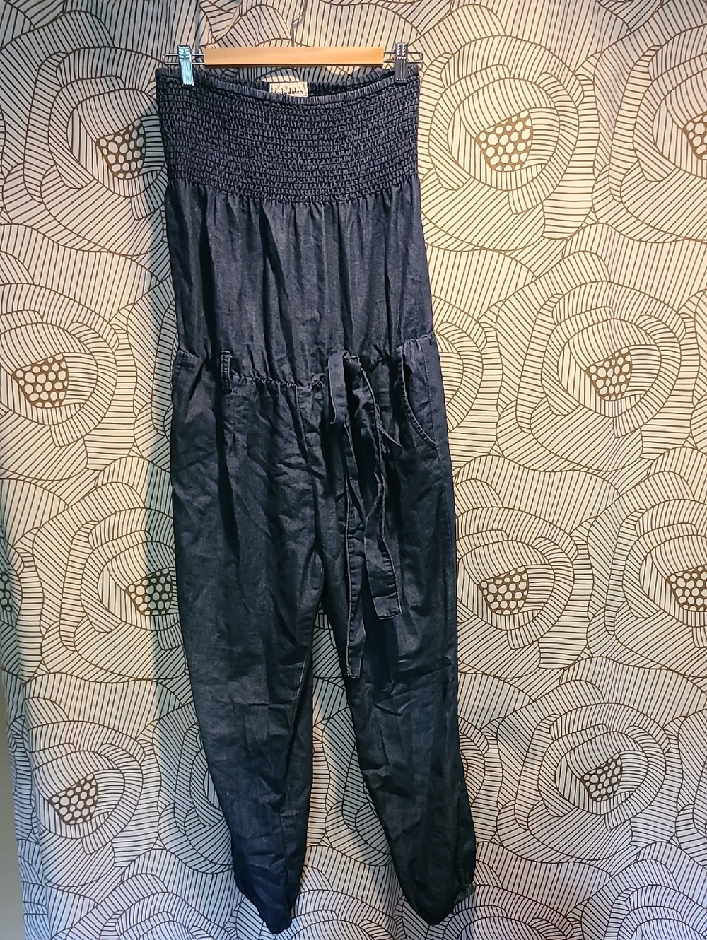 Lady Dutch Jean Navy Smocked-Waist Strapless Jumpsuit